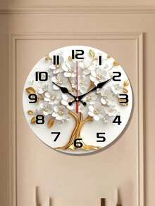 1个10英寸和12英寸优雅静音挂钟，白色花卉和金色树木图案，木质边框 - 适用于客厅、卧室、厨房、办公室装饰 - 情人节或生日礼物，家居装饰，房间装饰 - 彩色 - 查看 3