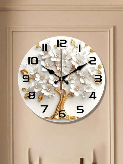 PC 10In 12In Elegante Silent Wand Klok Wit Bloemen Goud Tree Wood Veneer Perfect Living Room, Bedroom, Kitchen, Office Or Birthday Home Room view 3