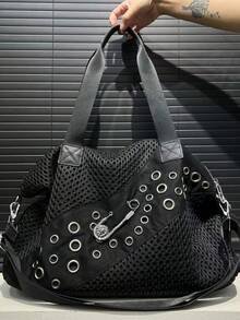 Y2K街头个性女士尼龙拼接单肩包大容量铆钉针装饰斜挎包拉链开合，纯色，时尚日常单肩包多档分离可拆卸肩带女士钱包非常适合日常使用，聚会派对，通勤旅行是一份超有品味的节日时尚心形礼物 - 黑色 - 查看 5