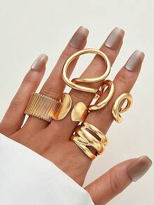5 件宽面复古硬币不对称粗扭线女士戒指套装，适合女性度假、派对、约会、舞会、圣诞节、日常佩戴、礼物 - 金黃色 - 查看 6