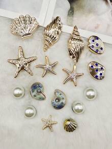 16PCS Golden Ocean Starfish Conch Resin Shoe Charms Bling Rhinestone Scallop Shell Clog Shoe Buckles DIY Decorations Faux Pearl Shoe Clip Accessories - Multicolor 16PCS Style No.267 - View 2