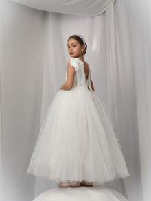 Đầm dự tiệc lưới màu trắng lưng lông vũ cổ chữ V sâu cho bé gái, đầm công chúa thanh lịch dành cho bé gái dự tiệc sinh nhật, dạ hội, đám cưới, phù dâu, lễ hội. - trắng - Xem 2