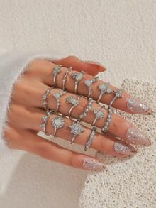 Juego de 15-16 anillos elegantes de múltiples elementos para mujer - rey blanco - Ver 9