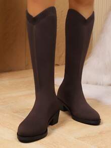 Wysokie buty w stylu vintage z kwadratowym noskiem i grubym obcasem, nowe, uniwersalne, jesienno-zimowe, za kolano, z wycięciem w kształcie litery V, dopasowane, ciepłe i modne, w kolorze czarno-kawowym