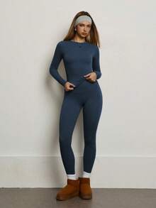 PinkTip Women's Solid Color Seamless Stretchy Long Sleeve & Long Pants Activewear Set, Butt Lifting Slim Fit Soft Workout Tracksuit For Daily Casual, Fitness, Running, Yoga, Pilates - 藍色 - 查看 5