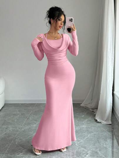 Solid Color Elegant And Sexy Simple Suspender Tie Knot Hanging Neck Long Sleeved Mermaid Hem Tight Long Skirt, Party,New Women's Clothing