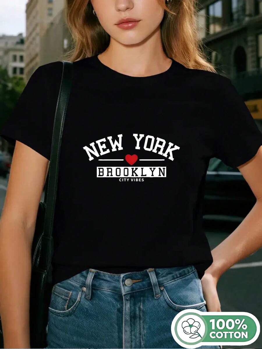 1PC 100% Pure Cotton Women's New York Brooklyn City Vibes Print TShirt, Spring/Summer Short Sleeve Tee, The Most Perfect Holiday Gift. - Black - View 1