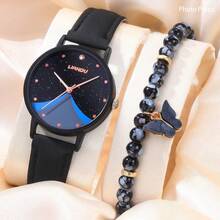 1 Set Women's Watches Ladies Black PU Leather Strap Watch And Bracelet Set Perfect For Everyday Wear, Birthday Gifts, Parties, Holiday Gatherings, And As The Ideal Gift For Yourself Or Friends Boxes Not Included