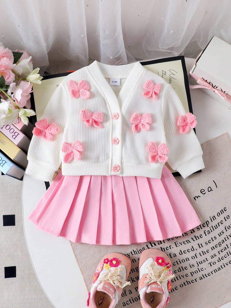 2 件女宝宝可爱甜美学院风白色长袖开衫 + 粉色裙子套装，秋冬 - 粉色 - 查看 1