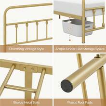 Butterslay Vintage Industrial Metal Platform Bed Frame - 12 Iron Slats Support, 12.6'' Underbed Storage & High Headboard/Footboard, No Box Spring Needed, Twin/Queen/King/Full - 古董金 - 查看 5