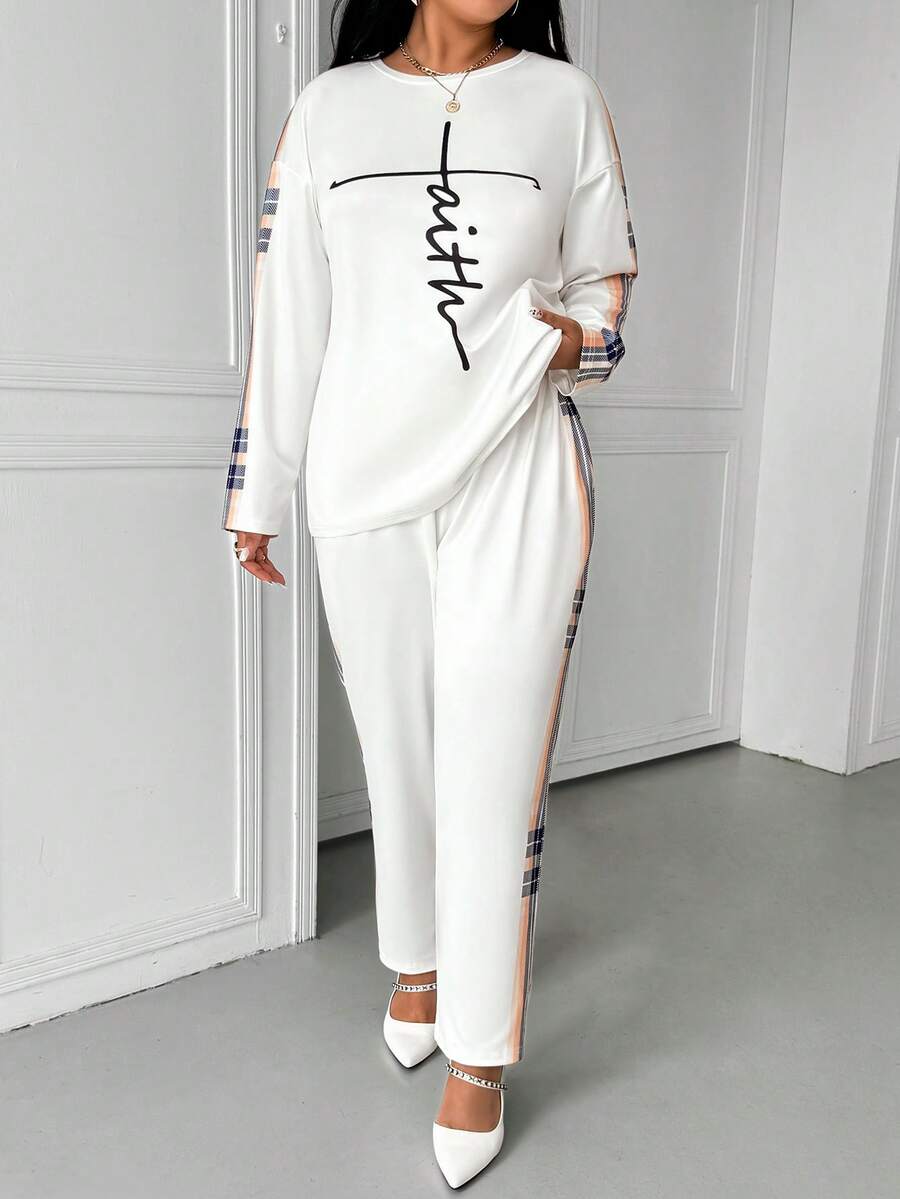 Bộ đồ nữ cỡ lớn in họa tiết kẻ ô chữ, kiểu dáng thường ngày và thời trang, rộng rãi, thích hợp cho mùa xuân và thu. Bộ đồ nữ kẻ sọc tương phản, túi hai bên, dây rút, phù hợp công sở, đi biển, màu trắng thanh lịch. - trắng - Xem 1
