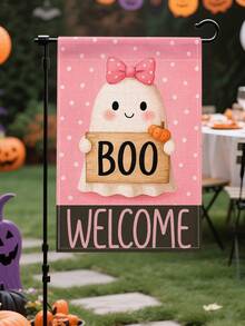 1 Stück Halloween Thema Rosa Punkte Schleife Geist Kürbis WILLKOMMEN Text Garten Flagge - Feiertag doppelseitig wasserdicht Jute, 11.8x17.7 Inches - Herbst Outdoor Dekoration, Outdoor Dekoration (Fahnenmast nicht enthalten)