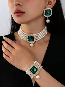 4 Peças Conjunto de Colar, Brincos e Pulseira Luxuosos e Exagerados com Multicamadas de Pérolas Falsas, Strass e Cristais Embutidos, Adequado para Casamento, Festa e Presentes de Feriado para Mulheres - Multicolorido - Visão 6