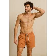 Shorts Linho Masculino Bermuda Leve Praia Verão Com Elástico - Terracota - Visão 4