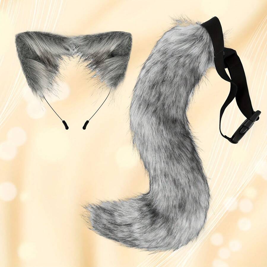 2 件套角色扮演猫耳头带和尾巴组合，手工制作的可爱猫咪女孩耳朵发饰和尾巴装饰套装，适合圣诞节、万圣节、猫主题派对、情人节、新年假期派对、爱猫人士礼物