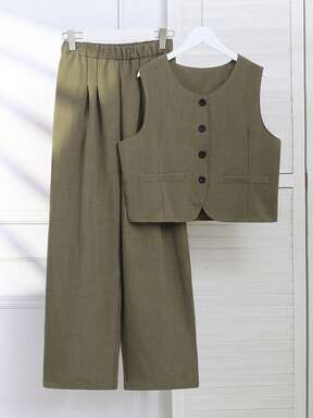 2pcs Teen Girl Collegiate Style Woven Vest Suit & Wide Leg Palazzo Pants Set, Spring/Autumn