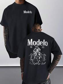 1pc Modelo Graphic Print Men's 100% Cotton T-Shirt,  Casual Sports Style Top T-Shirt,  Fashionable Street Style, Suitable For Travel And Sports Wear - màu đen - Xem 1