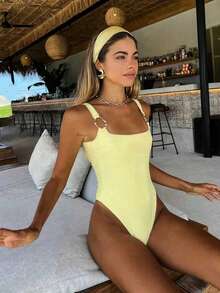 1pc Women's Fashionable Solid Color One-Piece Swimsuit, Summer