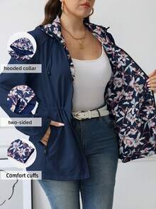 Giolshon Women's Cream Double-Sided Hooded Jacket - Reversible Printed Design, Casual & Fashionable, Suitable For Daily Layering, Autumn/Winter - Navy Blue - View 2