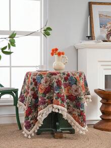1 khăn trải bàn tròn hoa nhiều màu Jacquard, trang trí tua rua thắt nút thủ công, phong cách trang trại cổ điển, thích hợp cho các ngày lễ, họp mặt gia đình, tiệc sinh nhật, trang trí nhà cửa, mọi mùa - Nhiều màu - Xem 9