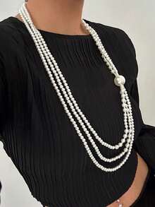 1 pezzo Elegante collana lunga con perle finte a più strati, collana vintage stile barocco con perline, adatta per ogni occasione, ottima scelta regalo