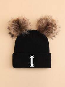 1 pieza Gorro de punto personalizado con letra A-Z para niños, gorro de punto suave y cómodo con doble pompón, adecuado para otoño/invierno, vuelta al colegio, cálido y a prueba de viento para niños y niñas