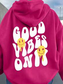 Mujer003-1 Sudadera de mujer  invierno sudadera de manga larga cómoda suave Gorra de capucha de color fucsia con impresión de "GOOD VIBES ON IT" y caras sonrientes que transmiten una buena energía y un estilo contemporáneo - Rosa Fucsia - Ver 1
