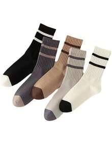 5/10 Pairs/Pack Random Style Women's Digital Funny Pattern Stripe Black And White Solid Color Hip Hop Retro Style Sports Mid-Calf Socks - Multicolor - View 3