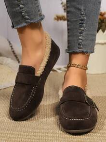Women's -On Loafers With Thermal Lined, Metal Buckle Decor, Flat Casual Winter Moccasins