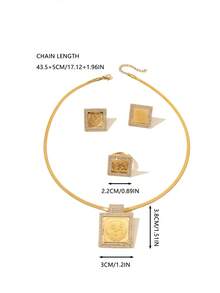 1 Set de joyas de lujo vintage de aleación de cobre chapada en oro con cristales incrustados en forma cuadrada, incluyendo pendientes, anillo y collar, adecuado para uso diario de mujeres y como regalo para vacaciones - Amarillo Oro - Ver 4