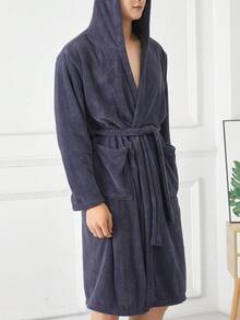 1件珊瑚绒纯色男女通用加大码浴袍，成人学生可穿戴毛巾式毛绒浴袍，保暖长款绒面浴袍，吸水性强，柔软不掉毛，情人节理想礼物 - 彩色 - 查看 4