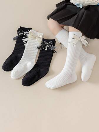 2 Pairs Girls' Assorted Style Socks, New Spring/Autumn Children Mid-Calf Socks With Bow, Baby Knee High Socks, Student Calf Socks