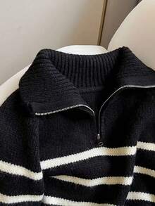 Women's Loose Slouchy Warm Black & White Striped Half-Zip Turtleneck Sweater, Autumn/Winter - Black - View 3