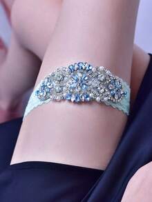 2 件/套新款设计浅蓝色水晶水钻新娘吊袜带，弹性蓝色蕾丝大腿吊袜带，女式派对腿吊袜带 - 藍色蕾絲 - 查看 6