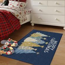 1 pièce Tapis de cuisine, de porte, de salle de bain, de chambre à coucher, de salle à manger, décoration de maison, décoration de fête, décoration de Noël, en matériau imitation cachemire doux avec motif d'arbres de Noël colorés sur fond rouge et bleu, avec support en TPR, long/court - Multicolore - Voir 13