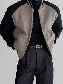Men's Autumn/Winter Fashion Casual Windproof Wool Blend Colorblock Baseball Jacket, Essential For Daily Commute, Custom Ribbed Patchwork Design, Great Gift