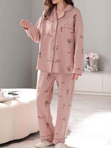 [PONX]1 Set Women's Pajamas, Long Sleeve Top And Pants, Soft Homewear For Spring And Autumn, Fall Winter Clothes - Pink - View 4