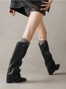 Bottes hautes à talon épais avec pointe pointue plissée, style vintage classique. Confortable pour le port quotidien, automne/hiver - Noir - Voir 3