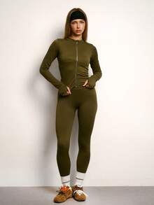 PinkTip Women's Seamless Stretchy Zipper Long Sleeve & Pants Sports Set, Solid Color Casual Minimalist Stand Collar Shaping Jacket & Leggings Workout Set For Running, Fitness, Yoga - 咖啡棕 - 查看 6