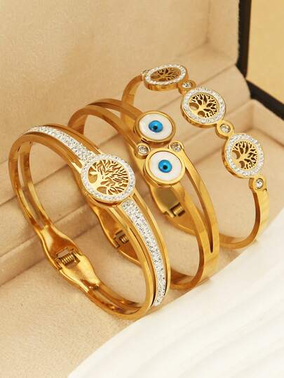 3 Styles Halloween Creative Bracelets: Demon Eye Boho Rhinestone Stretch Bangle, Hollow Shiny Rhinestone Stainless Steel Tree Of Life Bracelet, Suitable For Vacation And Daily Wear