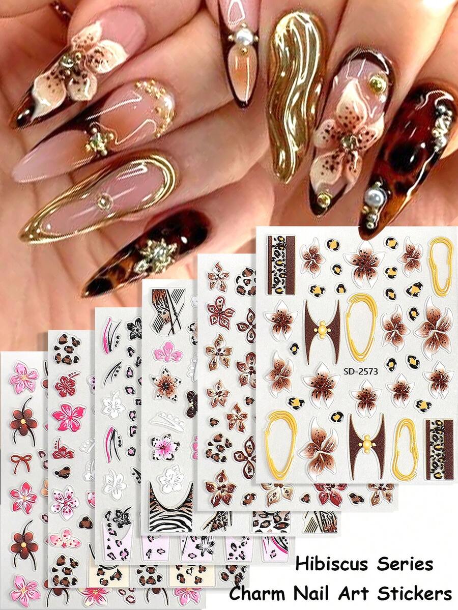 2 Stücke 3D Leopard Muster Hibiskus Blumen Nagelaufkleber, charmantes Leopard Muster Hibiskus Lilie Nagelkunst Design, selbstklebende Nagelaufkleber, Y2K süßes Design, elegante Nageldekoration, DIY Nagelstudio Zubehör, Nagelbedarf - Verschiedenfarbig - Übersicht 1