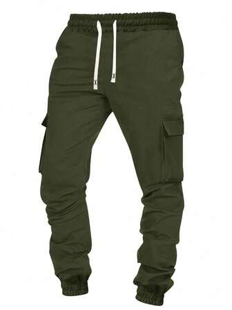 男式纯色休闲工装慢跑运动裤，宽松常规腰部抽绳长裤，多口袋