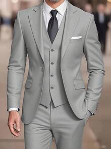 Men's Fashion New Slim Fit Solid Color Stretch 3 PiecesSuit Set, Includes Blazer, Vest And Trousers, Business Formal Wear - Light Grey - View 1