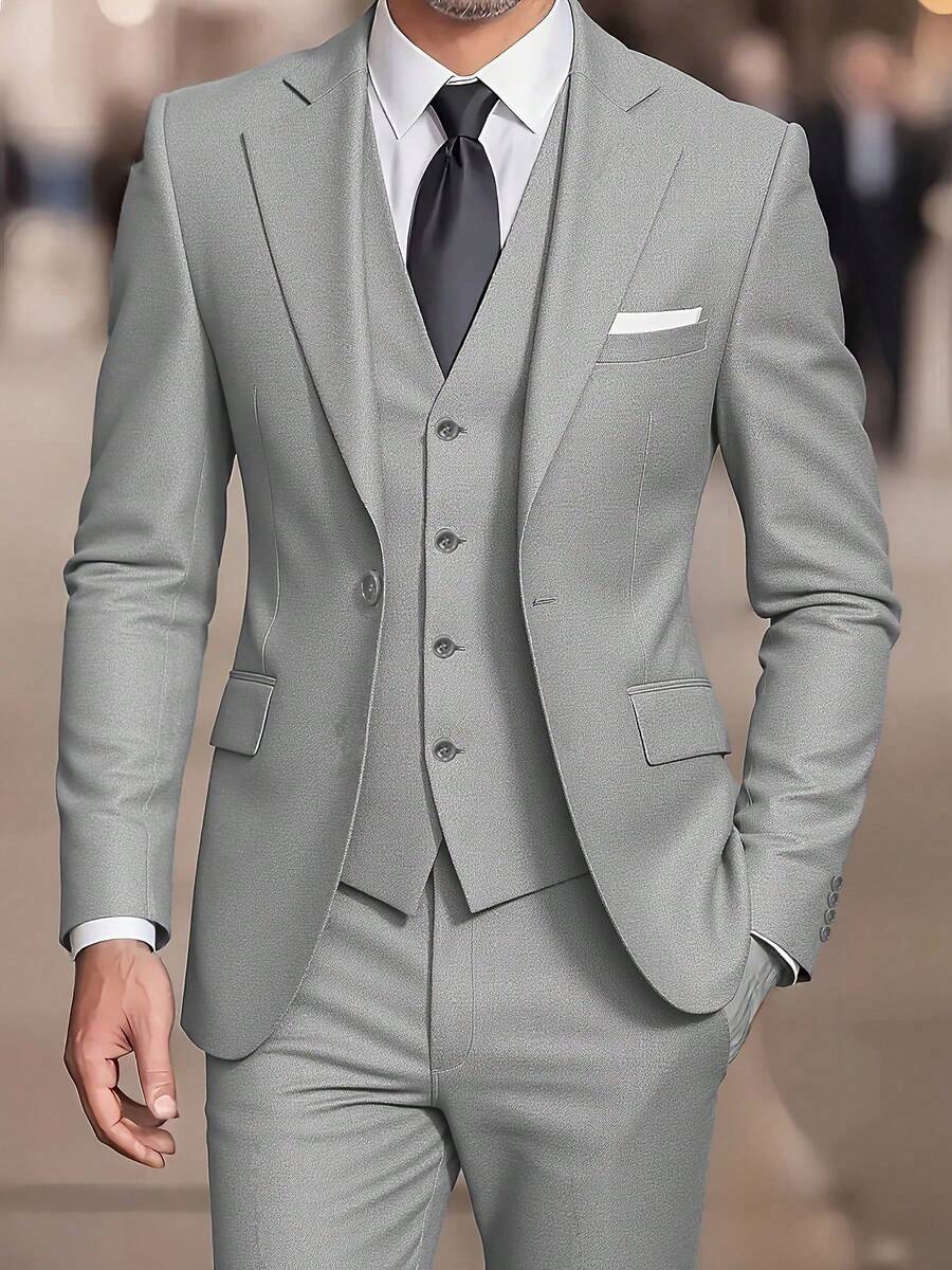 Men's Fashion New Slim Fit Solid Color Stretch 3 PiecesSuit Set, Includes Blazer, Vest And Trousers, Business Formal Wear - Light Grey - View 1