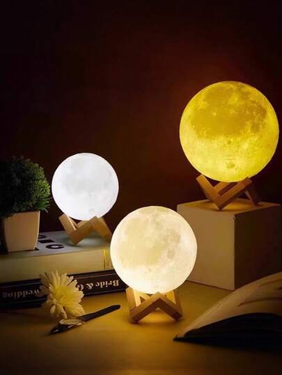 1个三色3D月球灯，USB充电式夜月氛围灯，触摸+轻触控制，卧室床头充电灯，带支架，浪漫小夜灯，生日礼物（送给朋友和爱人）