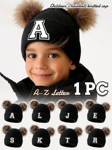 1 pieza Gorro de punto personalizado con letra A-Z para niños, gorro de punto suave y cómodo con doble pompón, adecuado para otoño/invierno, vuelta al colegio, cálido y a prueba de viento para niños y niñas