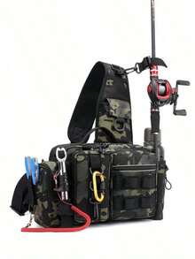 1pc Premium Nylon Fishing Backpack - Multi-Functional Chest Bag With Adjustable Strap, Padded Shoulder Pads, And Multiple Compartments - Ideal For Fishing, Hiking, Camping, And Outdoor Adventures