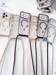 奢华斜挎项链挂绳电镀透明手机壳适用于 17Air 16E 16 15 14 13 12 Pro Max 11 亮面磁吸无线充电保护套 - 銀色 - 查看 5