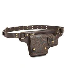 Women's Chest Bag Retro Rivet Decor Adjustable Belt Waist Pack Black Faux Leather Waist Bag With Multiple Compartments - 壓變咖啡色 - 查看 7