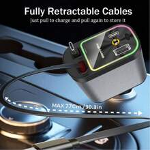 Cargador rápido para auto de 66W con lámpara proyector de cielo estrellado, cable de carga retráctil, cargador para auto USB PD de 4 en 1, accesorios para auto - Gris - Ver 7